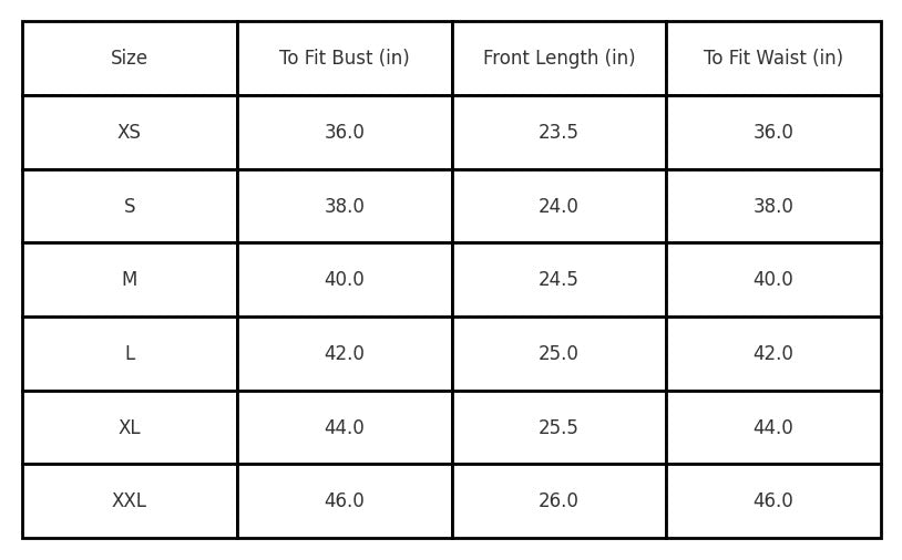 size chart for the Custom Couple Hoodie Set, showing bust, waist, and front length in inches for sizes XS to XXL.
